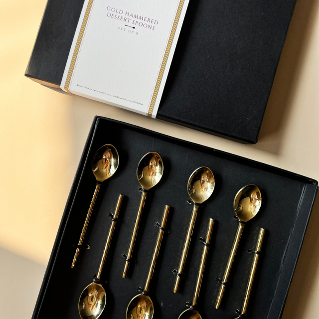 Golden Hammered Dessert Spoons - Set of 8