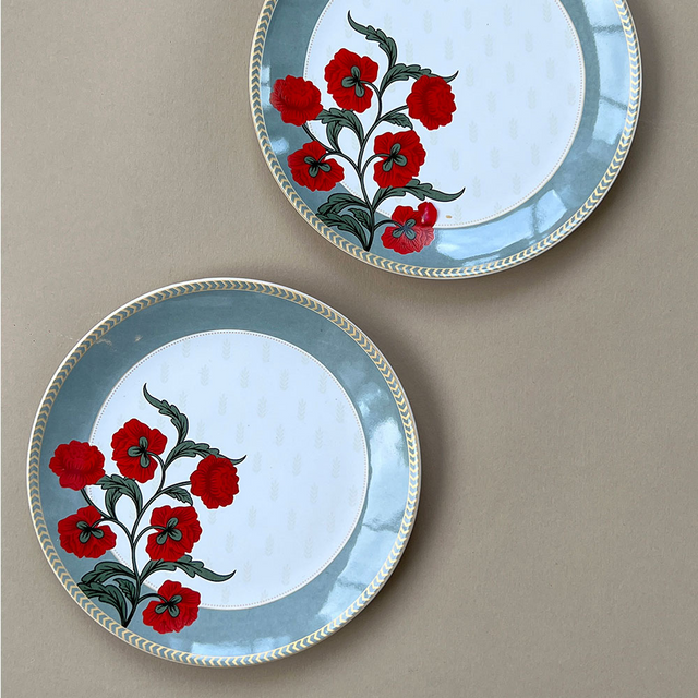 Starter Ceramic plates 7 inch in diameter with persian floral motif, in teal and gold accents. All plates are microwave and Dishwasher friendly