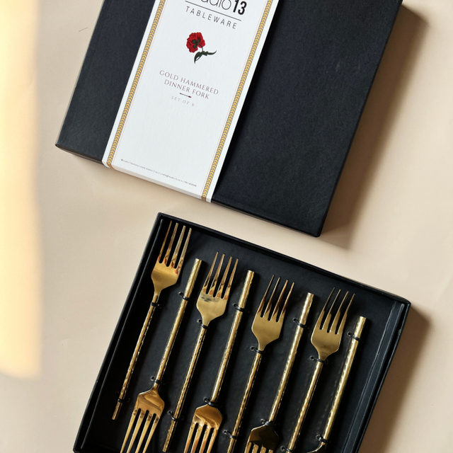 Golden Hammered Dinner Forks - Set of 8
