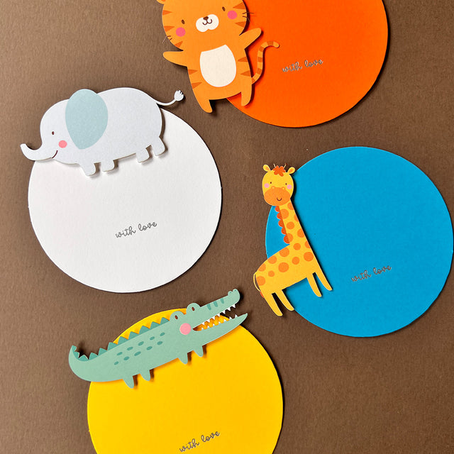 Kids 3D gift tags with baby elephant, tiger, crocodile and giraffe to stick onto present and gifts