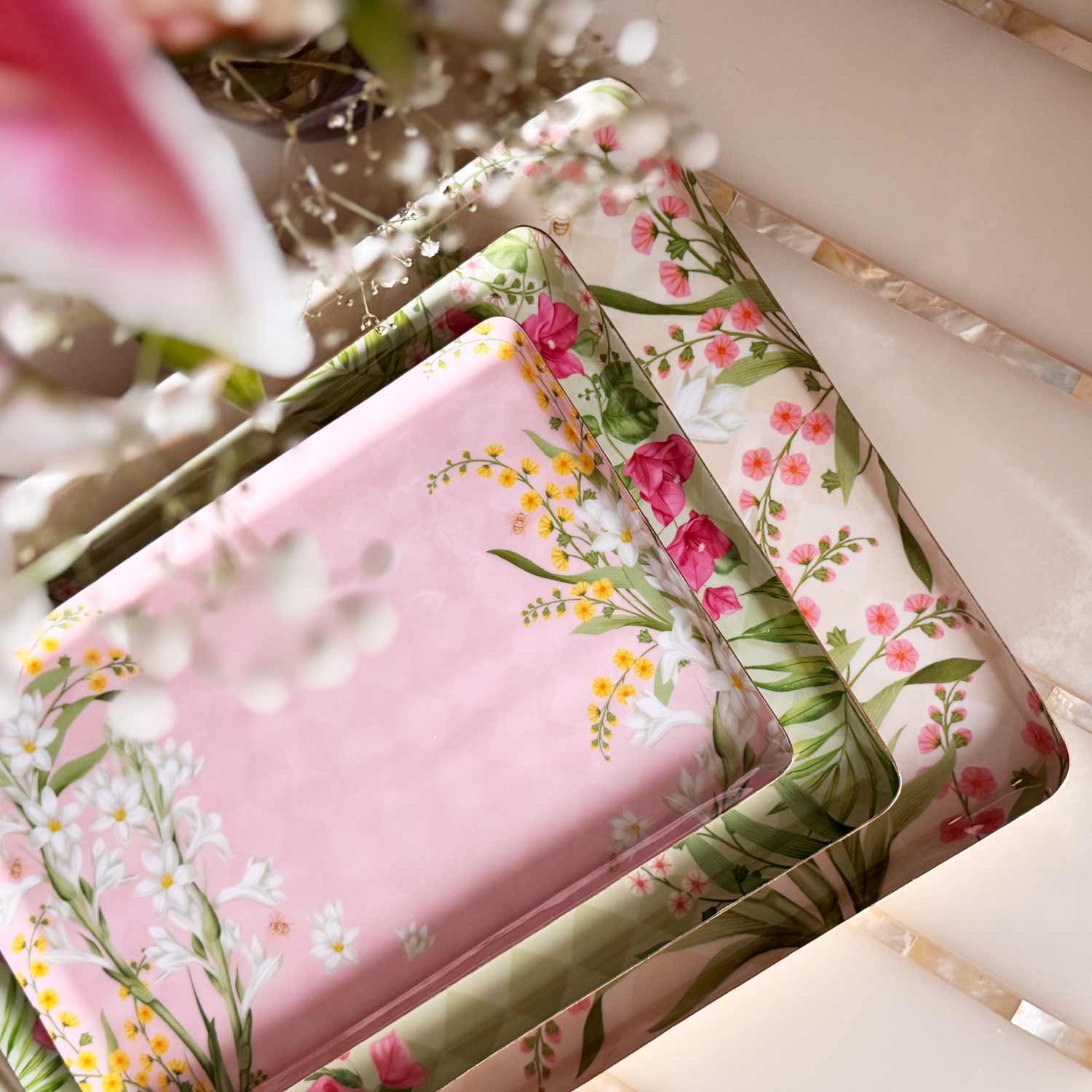Floral Metal Tray Set – Set of 3 (Ivory, Green & Blush)