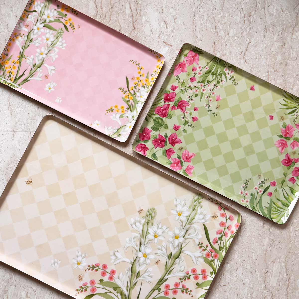Floral Metal Tray Set – Set of 3 (Ivory, Green & Blush)