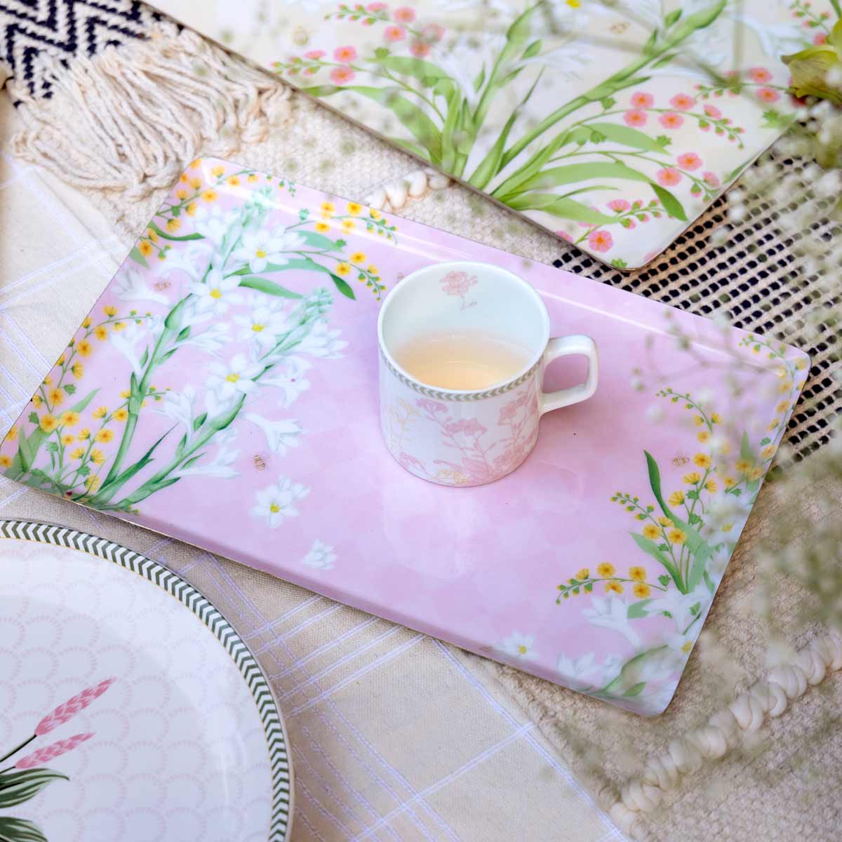 Floral Metal Tray Set – Set of 3 (Ivory, Green & Blush)