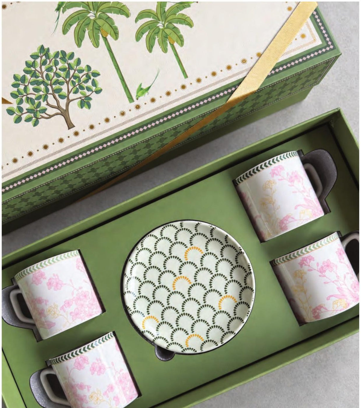 Studio13 Diwali gift box with four floral tea cups and a dessert plate